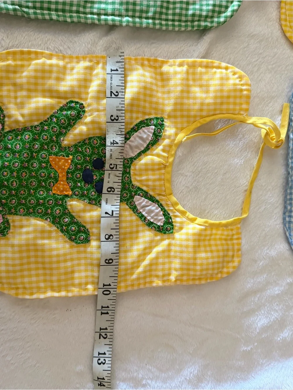Vintage baby Yellow, Blue, Green Gingham Applique Bib Set